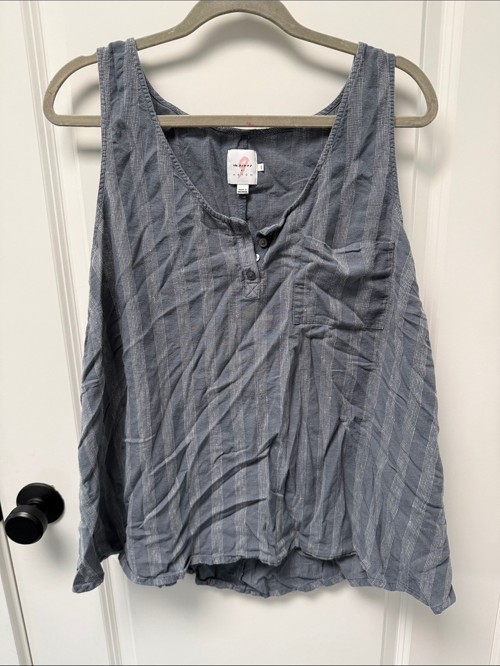 The Nines by HATCH Slate Blue Striped Henley Pocket Tank 55% hemp 45% cotton